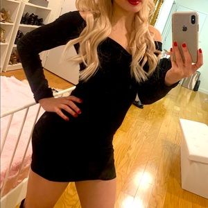 Off the Shoulder Ribbed Mini Dress - Black